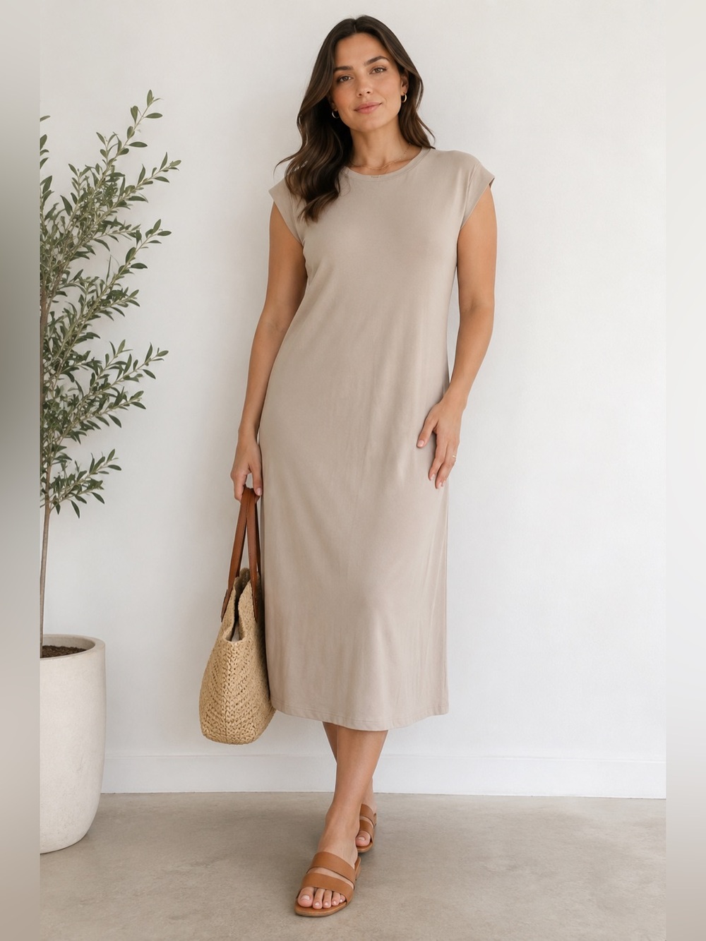 Zara Beige Crewneck Cap-Sleeve Midi Dress